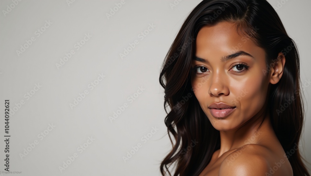 Portrait showcasing a striking African-American womans captivating gaze and glowing natural beauty Portrait showcasing a striking African-American womans captivating gaze and glowing natural beauty