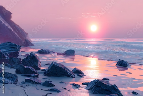 Serene Sunset Over a Rocky Beach with Gentle Waves