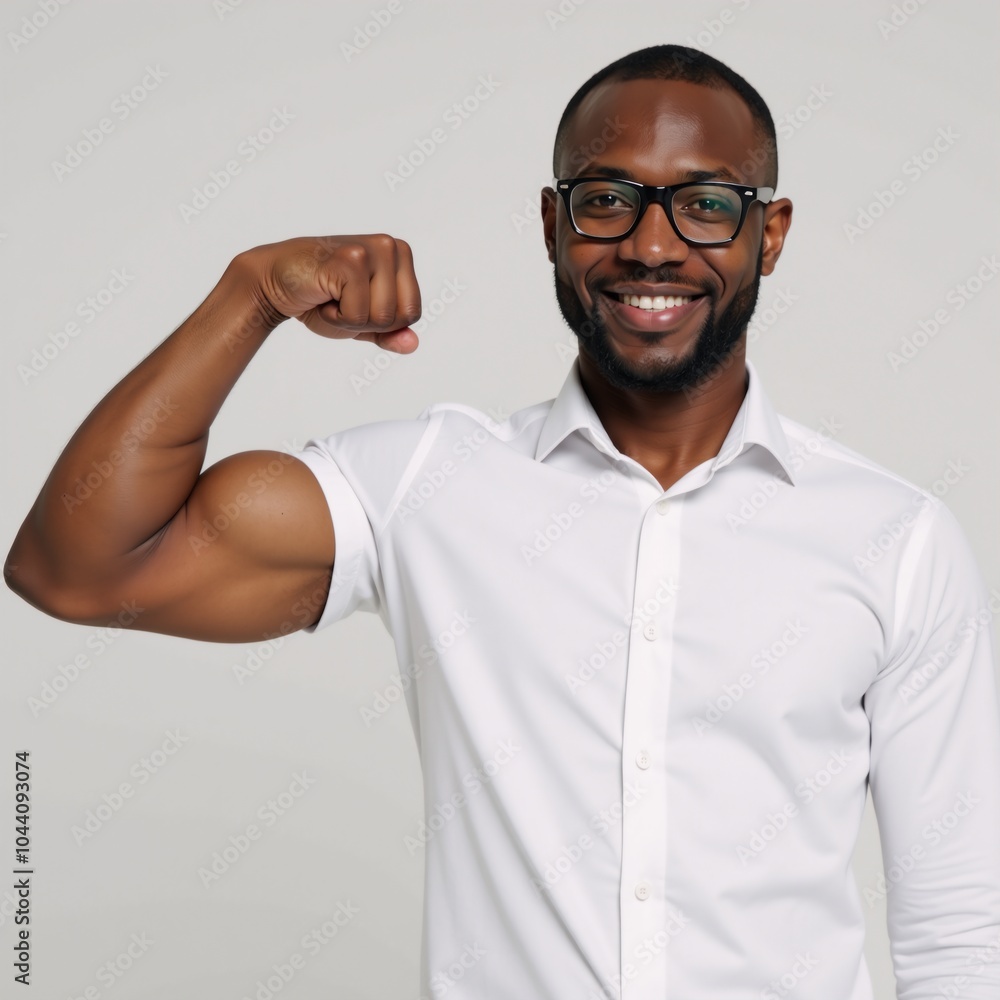 A confident African-American male nerd flexes his defined right bicep while sporting a white dress shirt and black glasses radiant with pride A confident African-American male nerd flexes his defined right bicep while sporting a white dress shirt and black glasses radiant with pride