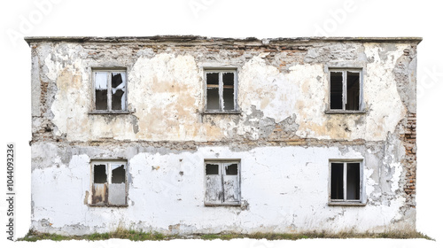 Abandoned Building Facade with Broken Windows.