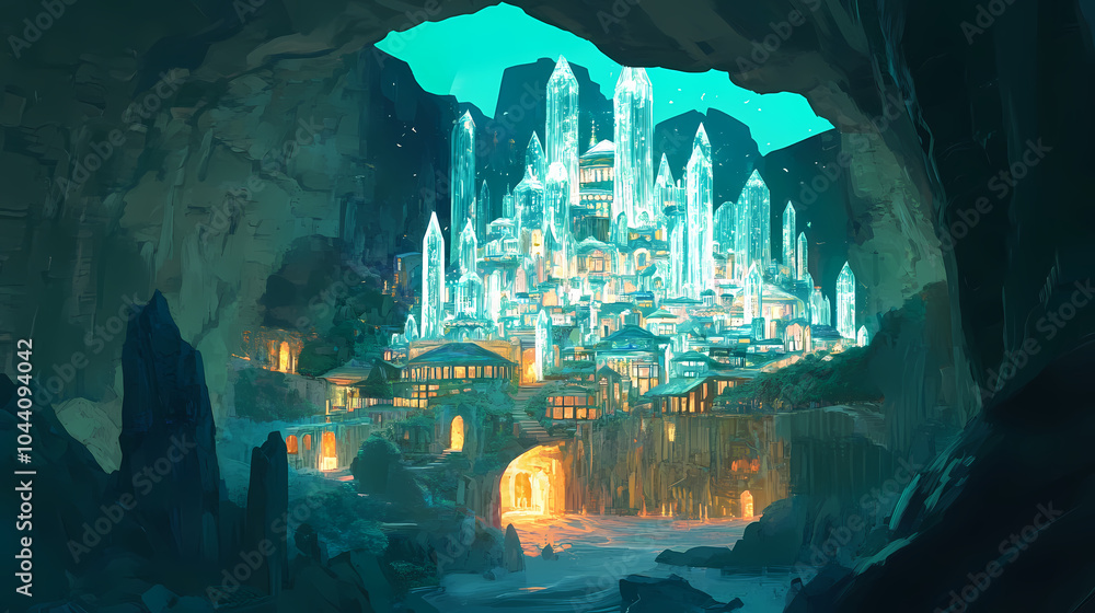 Fantasy city built within a giant crystal cavern, crystal city, underground wonder. Underground City. Illustration Fantasy city built within a giant crystal cavern, crystal city, underground wonder. Underground City. Illustration