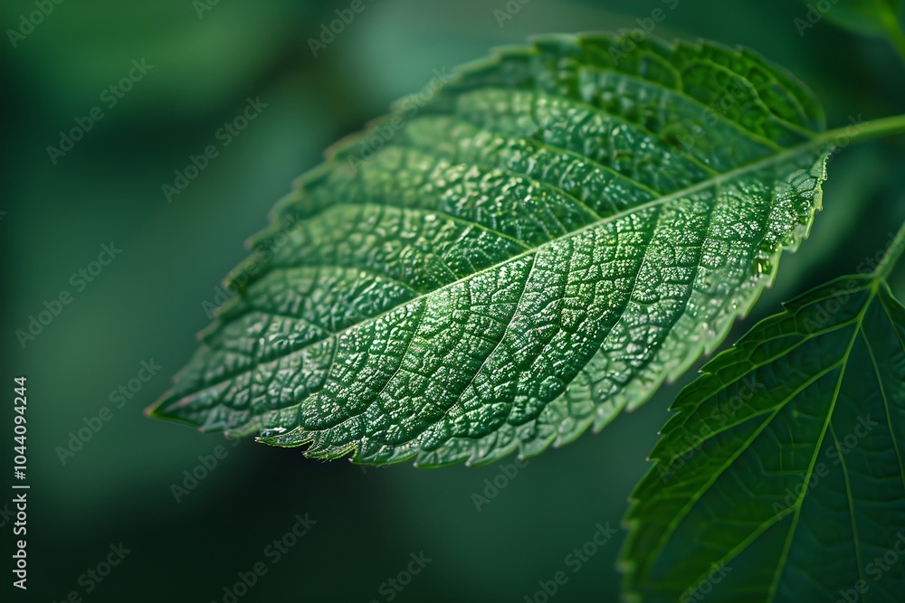 A close up of a leaf with water droplets on it A close up of a leaf with water droplets on it
