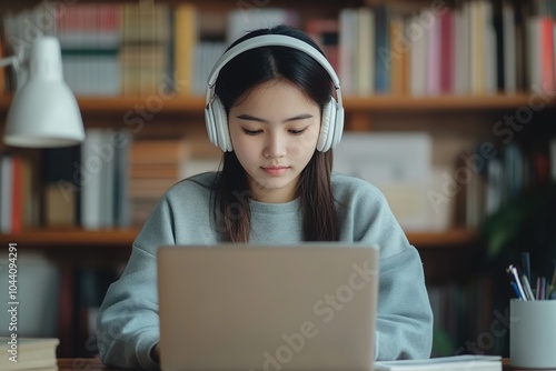 Focused girl with headphones using laptop at library desk
