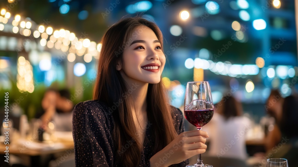 Elegant Asian woman savoring red wine, stylish attire, celebrating a romantic evening, upscale restaurant ambiance, city skyline in the backdrop, vibrant atmosphere Elegant Asian woman savoring red wine, stylish attire, celebrating a romantic evening, upscale restaurant ambiance, city skyline in the backdrop, vibrant atmosphere