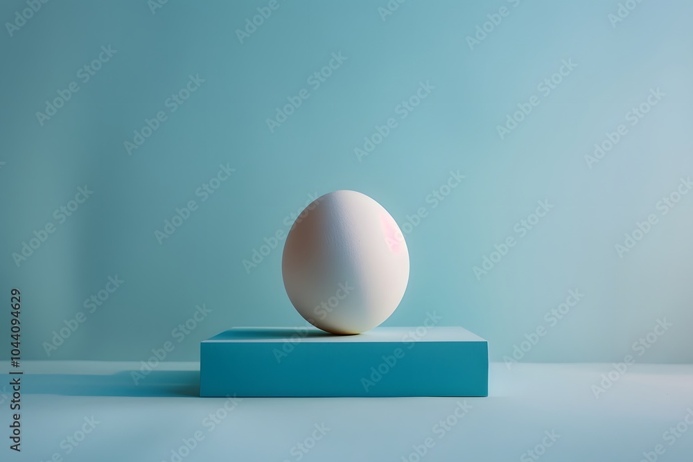 Minimalist Still Life of a White Egg on a Turquoise Block Against a Soft Blue Background Minimalist Still Life of a White Egg on a Turquoise Block Against a Soft Blue Background