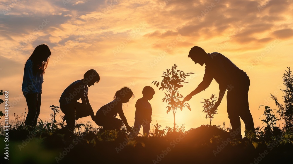 Fototapeta premium Family Planting Trees at Sunset Together