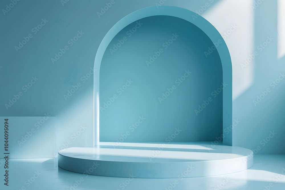 Fototapeta premium Serene Blue Archway and Platform in Minimalist Interior Design