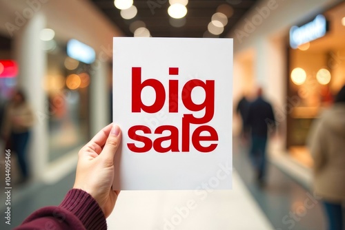 Big SALE Text on Flyer. Hand holding a paper card with letters 