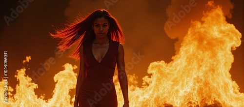 Flaming African American superwoman walks fearlessly through fiery hair embodying unmatched strength and power Fierce Unstoppable photo