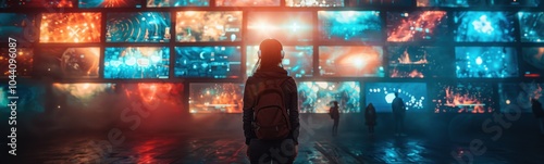 Someone standing in front of a wall of televisions with bright lights, banner, copy space