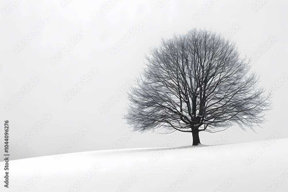 Fototapeta premium Solitary Tree in a Snowy Landscape Under a Misty Sky
