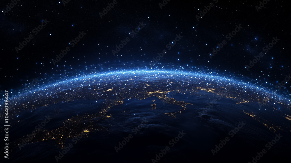 This digital artwork showcases glowing internet connections spanning the globe in the night sky This digital artwork showcases glowing internet connections spanning the globe in the night sky