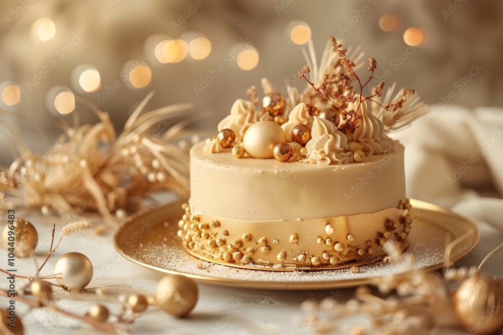 Elegant Gold-Themed Cake Surrounded by Festive Decor Elegant Gold-Themed Cake Surrounded by Festive Decor