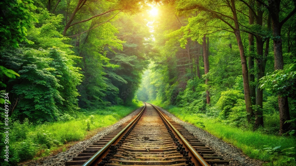 Fototapeta premium Scenic train track with green forest in background