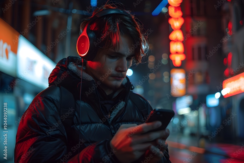 Naklejka premium A Young Man Enjoys Music on a Smartphone in a Vibrant Night Cityscape