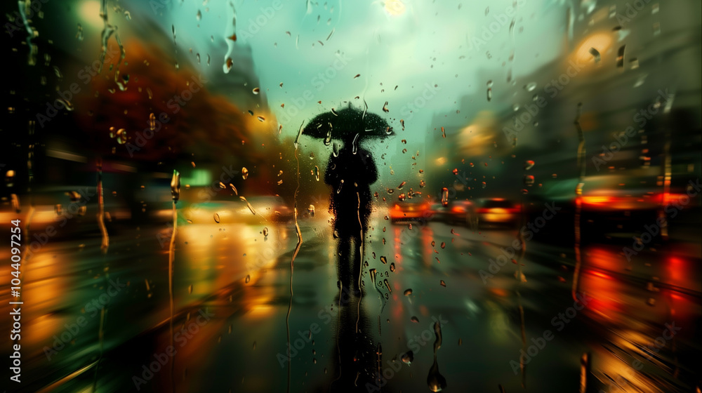 A solitary figure with an umbrella walks on a busy evening street in heavy rain. Blurred background, bright lights, and moving cars. A solitary figure with an umbrella walks on a busy evening street in heavy rain. Blurred background, bright lights, and moving cars.