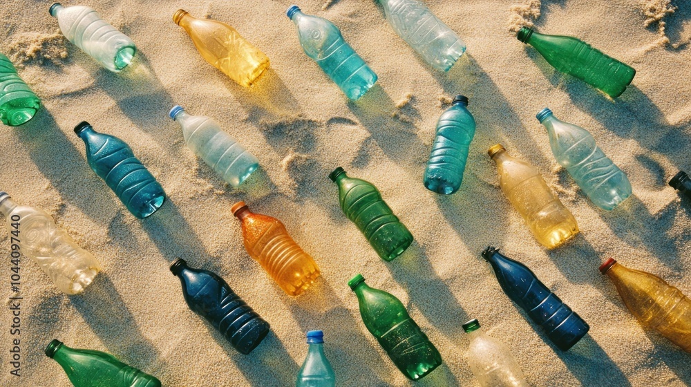 A variety of plastic bottles scattered on a sandy surface, highlighting pollution issues. A variety of plastic bottles scattered on a sandy surface, highlighting pollution issues.
