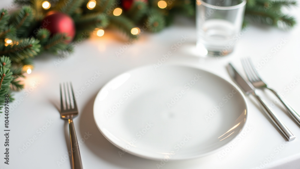 Elegant table setting with a white plate, and a cutlery. Perfect for holiday dining themes. Elegant table setting with a white plate, and a cutlery. Perfect for holiday dining themes.