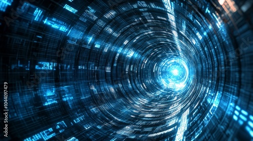 Fototapeta Naklejka Na Ścianę i Meble -  Futuristic digital time tunnel, optical vision of a 3D vortex, illuminated by holographic energy streams, representing time travel and cyberspace in a modern landscape.
