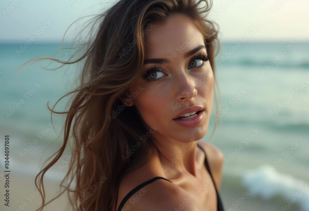 A brunette woman in a swimsuit gazes back while standing near the shoreline. Gentle sea waves lap at her feet under a clear blue sky. Long hair, beautiful young face. Travel and clothing adverts. AI A brunette woman in a swimsuit gazes back while standing near the shoreline. Gentle sea waves lap at her feet under a clear blue sky. Long hair, beautiful young face. Travel and clothing adverts. AI