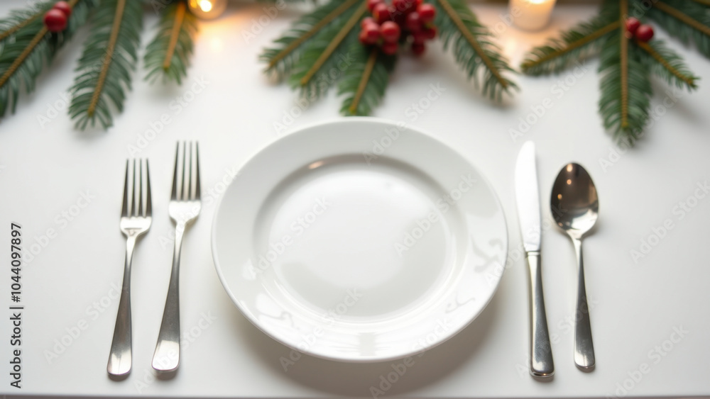 Elegant table setting with a white plate, and a cutlery. Perfect for holiday dining themes. Elegant table setting with a white plate, and a cutlery. Perfect for holiday dining themes.