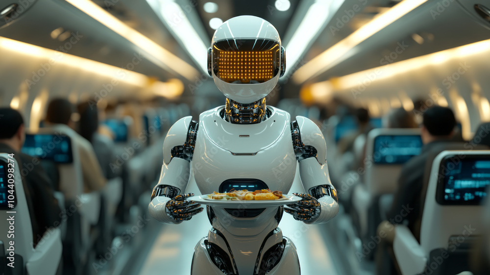 custom made wallpaper toronto digitala white robotic steward walking in Futuristic airplane cabin between rows of passengers seated in comfortable chairs