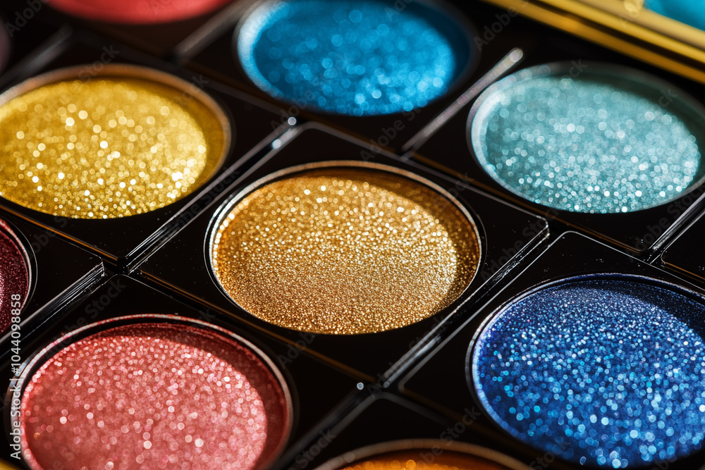Close-up of multi-colored eye shadow palettes with shimmering colors, displayed in gold metallic boxes, captured under studio, the luxurious and vibrant color palette. Close-up of multi-colored eye shadow palettes with shimmering colors, displayed in gold metallic boxes, captured under studio, the luxurious and vibrant color palette.