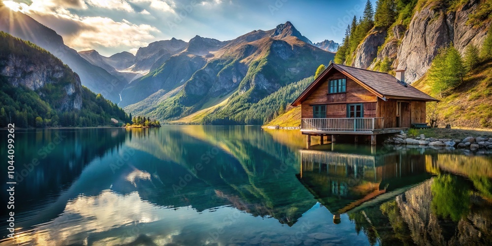 Fototapeta premium Scenic view of a house on a mountain lake