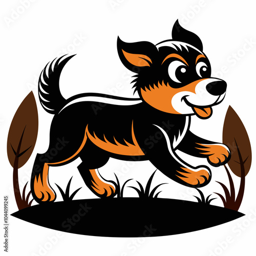 Playful dog running happily in the field with plants, cheerful illustration, cute design