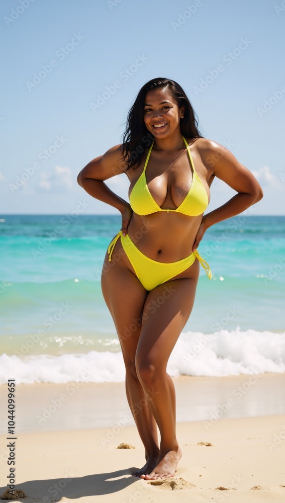 A radiantly beautiful plus-size African American woman relaxes in a sunlit yellow bikini on a sandy beach A radiantly beautiful plus-size African American woman relaxes in a sunlit yellow bikini on a sandy beach