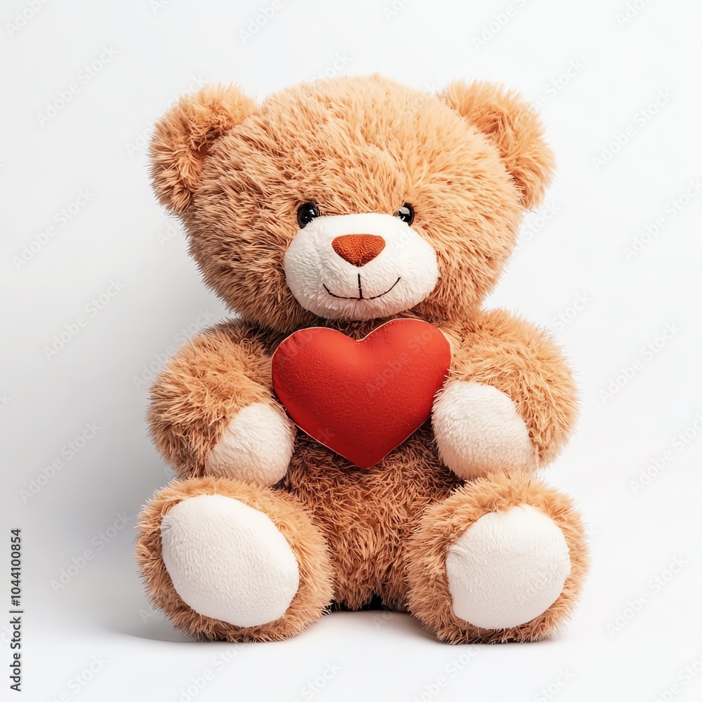 Obraz premium Adorable fluffy teddy bear holding a red heart, symbolizing love and affection on a white background.