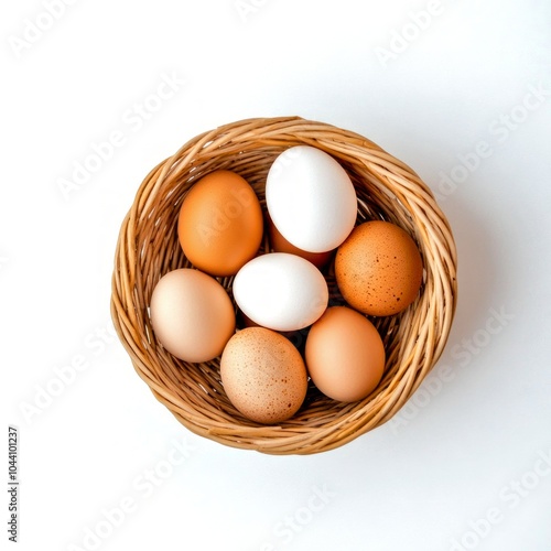 A rustic basket filled with fresh eggs of various colors. Perfect for a farm or kitchen theme. Great for cooking, baking, or healthy living. Capture the essence of natural foods. AI