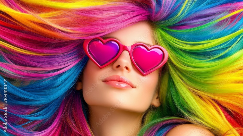 Woman with rainbow hair and pink heart sunglasses. The image is colorful and cheerful. The woman is smiling and she is enjoying herself Woman with rainbow hair and pink heart sunglasses. The image is colorful and cheerful. The woman is smiling and she is enjoying herself