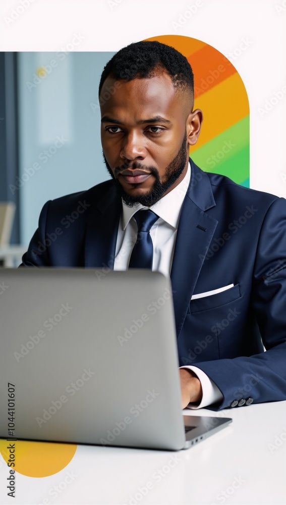 Office setting featuring an African-American businessman working on his laptop surrounded by vibrant graphics Office setting featuring an African-American businessman working on his laptop surrounded by vibrant graphics