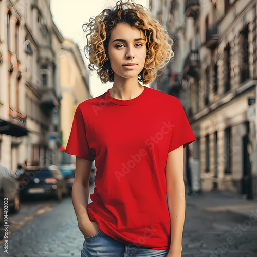 A young Caucasian woman with curly hair poses confidently in a vibrant red t-shirt on a lively city street, exuding urban charm.