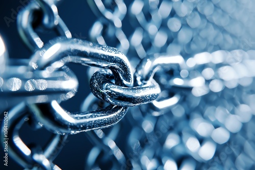 Close-up of interconnected metal chains, symbolizing strength, unity, and connection. Perfect for concepts of security and cooperation. photo