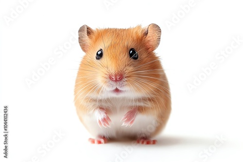 Cute hamster sitting upright on a white background, with its paws raised and eyes wide open, showcasing its adorable and curious expression. photo