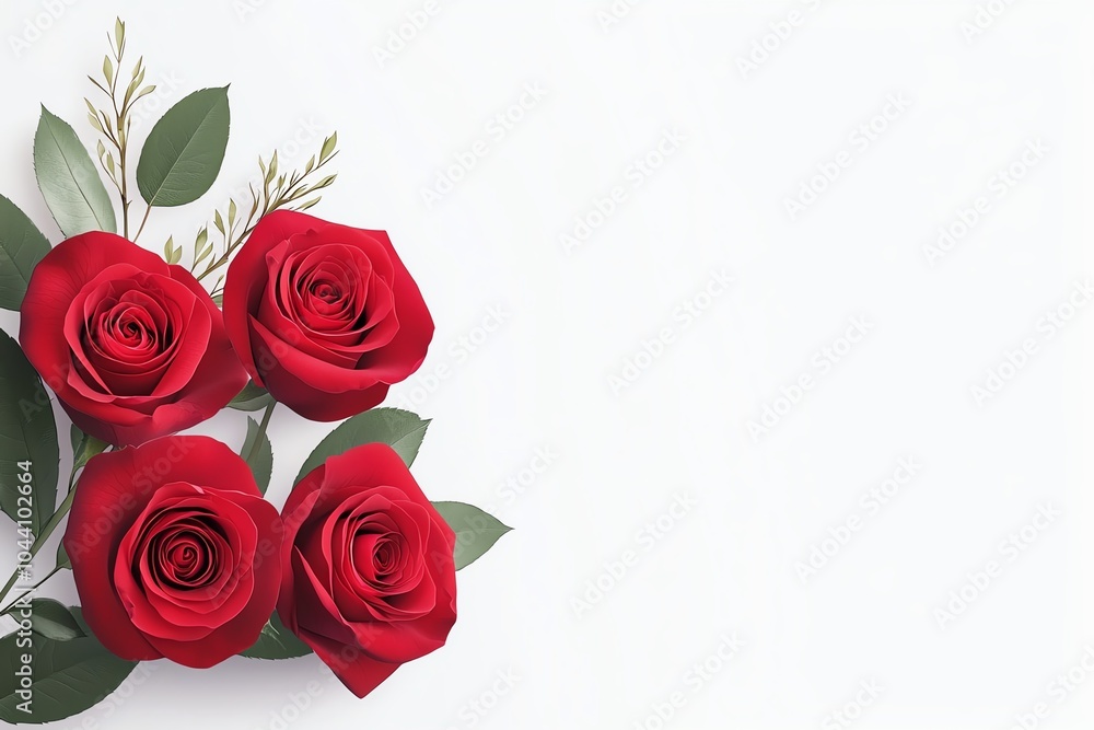 Elegant arrangement of red roses with green leaves on a white background, perfect for romantic or wedding-themed designs. Elegant arrangement of red roses with green leaves on a white background, perfect for romantic or wedding-themed designs.