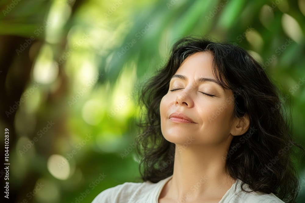 Woman enjoying nature's serenity, eyes closed amid greenery Woman enjoying nature's serenity, eyes closed amid greenery
