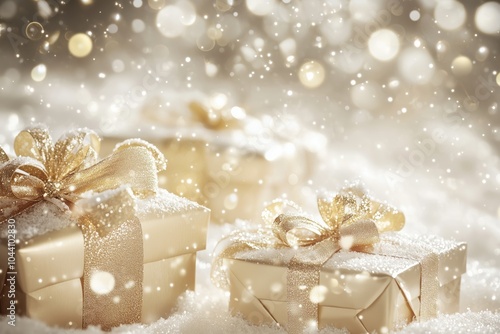 Luxurious Christmas presents on a shimmering snow background photo