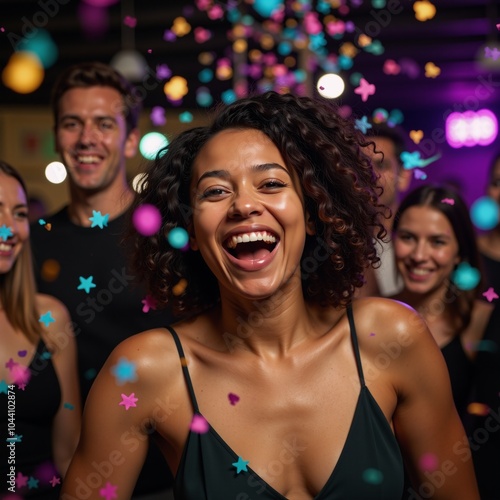 A radiant African-American woman celebrating amidst colorful confetti during New Years Eve