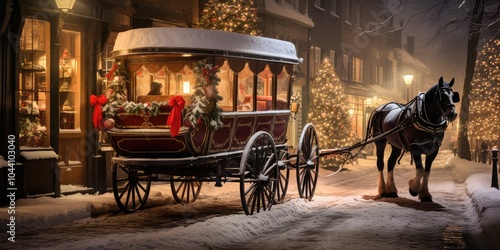 Horse-drawn carriage in snowy town