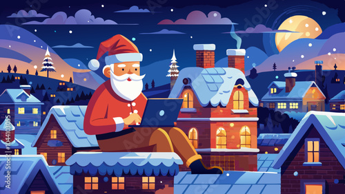 Santa Claus is perched atop a chimney, intently using his laptop as he gazes over a charming winter cityscape adorned with twinkling lights and snow-covered