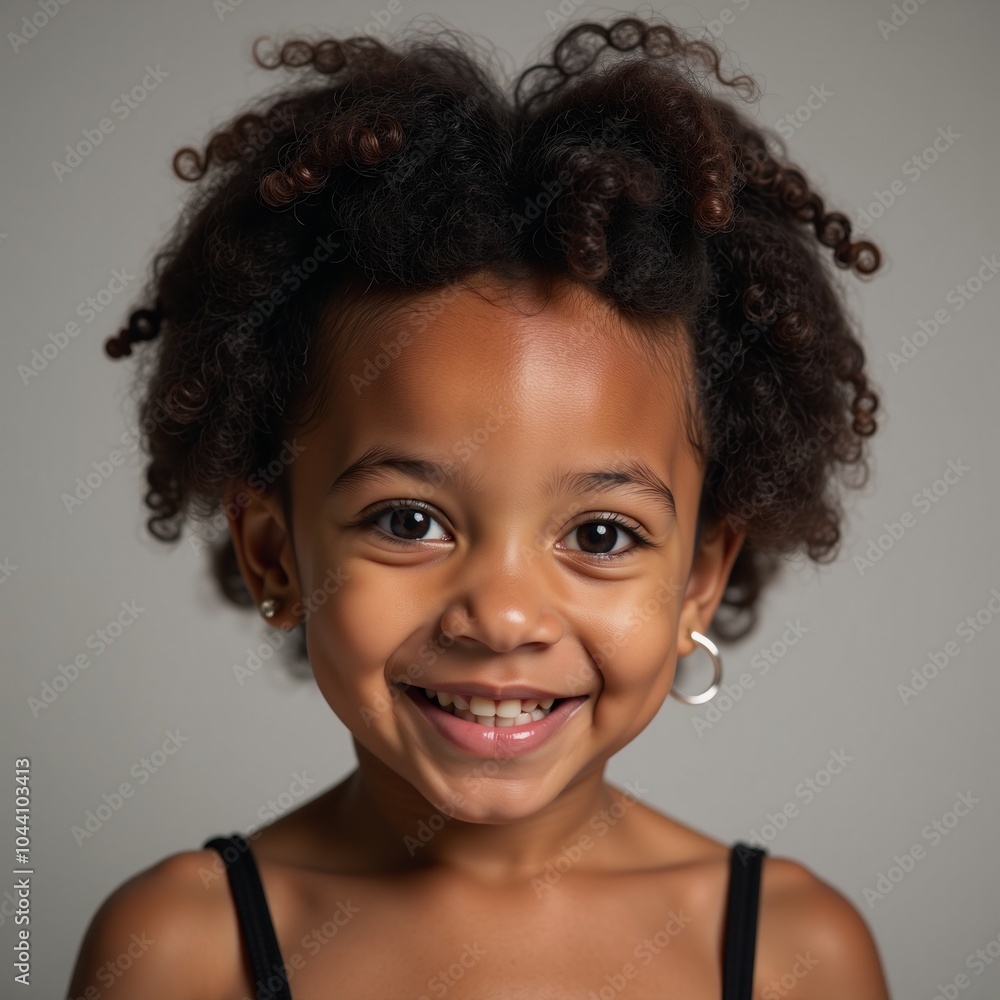 An adorable Afro-styled African American child wearing silver earrings smiles cheerfully An adorable Afro-styled African American child wearing silver earrings smiles cheerfully