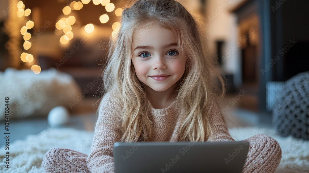A young girl sitting cross-legged on the floor, using a laptop to shop for tech gadgets online A young girl sitting cross-legged on the floor, using a laptop to shop for tech gadgets online