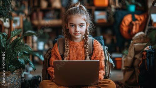 A young girl sitting cross-legged on the floor, using a laptop to shop for tech gadgets online