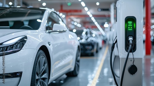 A white electric vehicle is connected to a charging station in a modern garage, highlighting sustainable energy use in urban spaces. Generative AI