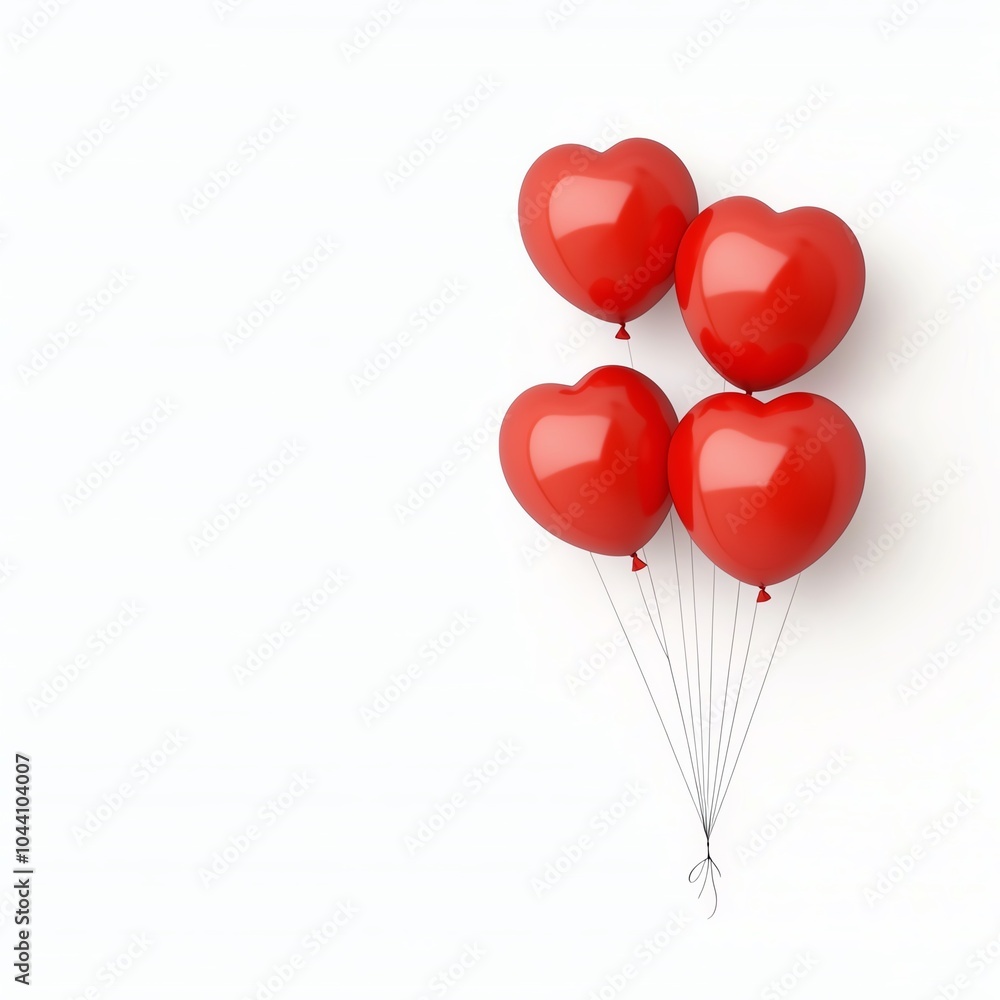 Four red heart-shaped balloons floating against a white background, symbolizing romance, love, and celebration. Perfect for festive events. Four red heart-shaped balloons floating against a white background, symbolizing romance, love, and celebration. Perfect for festive events.