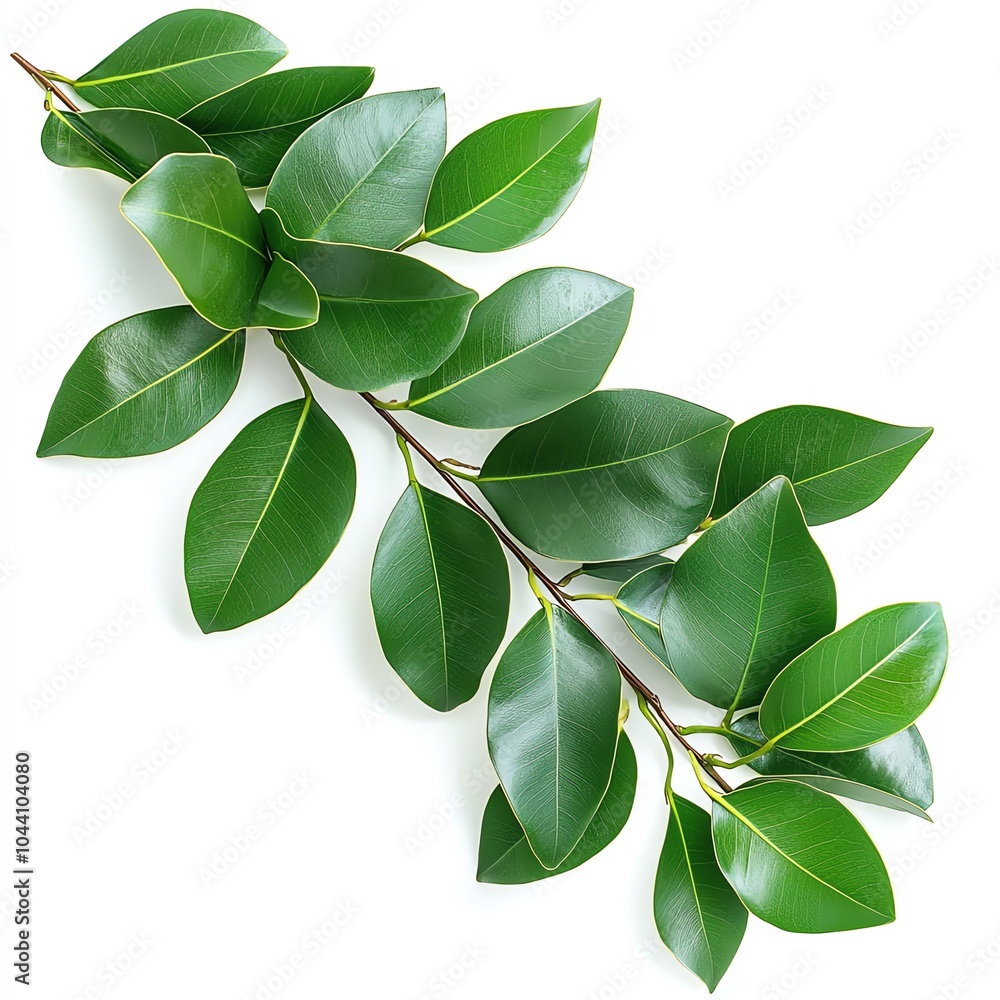 Fresh green leaves on a branch against a white background, showcasing nature's simplicity and elegance in a minimalist composition. Fresh green leaves on a branch against a white background, showcasing nature's simplicity and elegance in a minimalist composition.