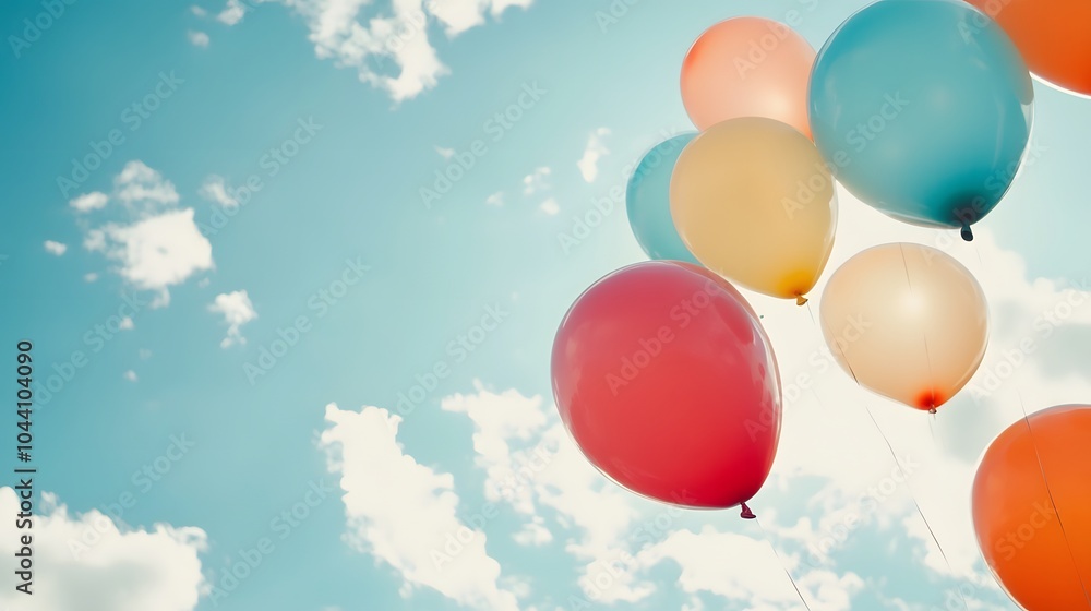 A close-up of colorful balloons floating against a blue sky A close-up of colorful balloons floating against a blue sky